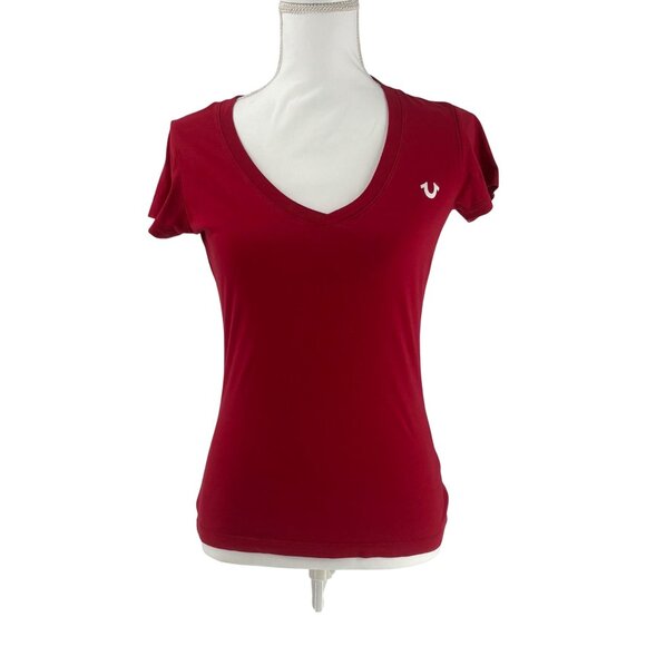 True Religion Womens Red V-Neck T-Shirt Short Sleeve Graphic Logo Size Small - Picture 1 of 10